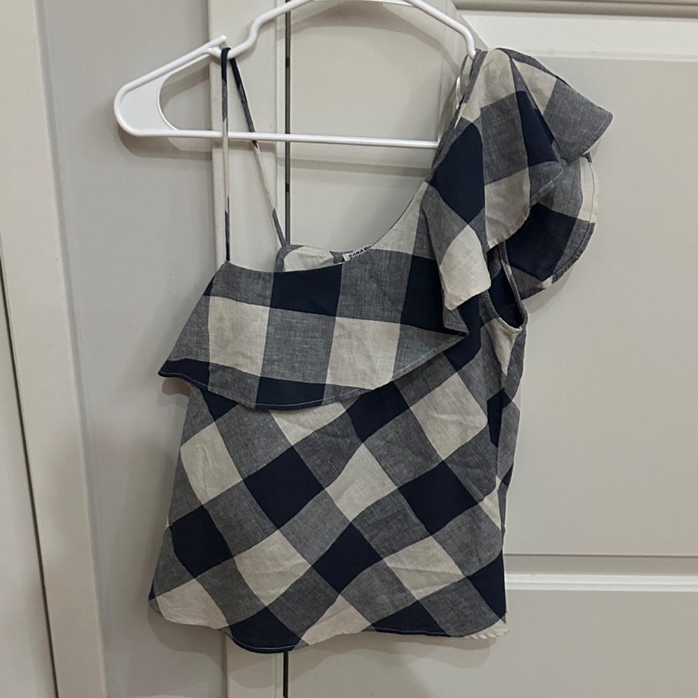 Zara Navy and White Checkered One-Shoulder Blouse